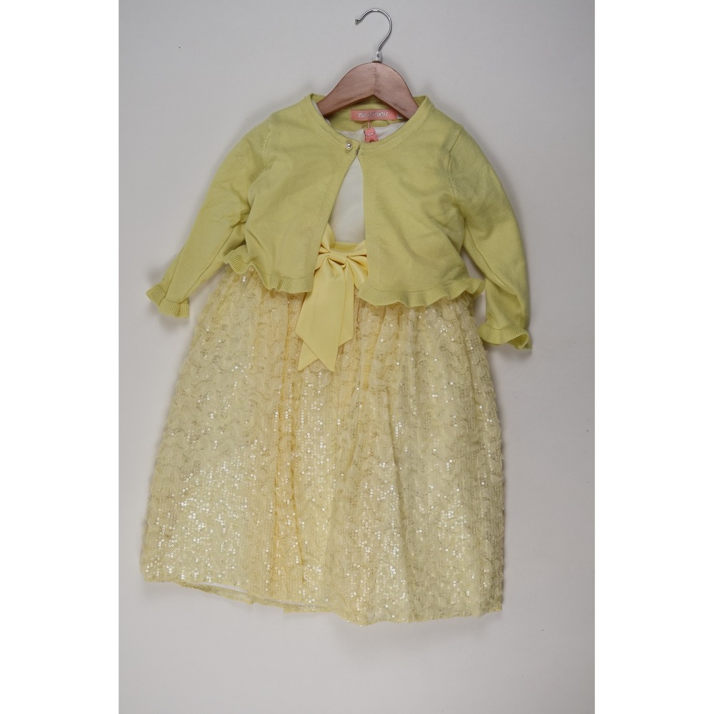 Pink Butterfly Dress & Cardigan Set Yellow Sequin Lace 5 NWT